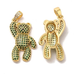 Dark Green Brass Micro Pave Cubic Zirconia Pendants, Bear Charms, Golden, Dark Green, 31x16x5.5mm, Hole: 4x2.5mm