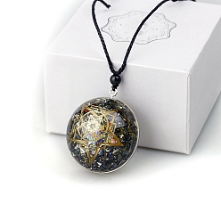 Gray Dyed Natural Pyrite Resin Pendants, Yoga Theme Half Round Charms with Star, Gray, 40mm