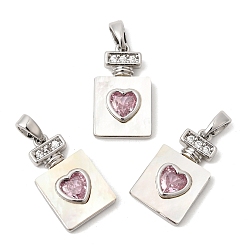 Платина Природные подвески оболочки, Подвески в виде флакона духов в форме сердца с розовыми кубическими циркониями, инкрустированными латунью., цвет морской раковины, платина, 18x10.5~11x3 мм, отверстие : 3x5 мм