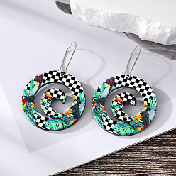 Black and White Checkered Little Bird (AC9 Silver) Geometric Circle Acrylic Earrings with Black and White Checkered Bird Pattern, Ethnic Style Ear Drops Jewelry.