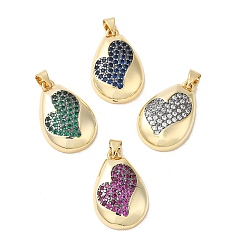 Mixed Color Rack Plating Brass Micro Pave Cubic Zirconia Pendants, Cadmium Free & Lead Free, Long-Lasting Plated, Real 18K Gold Plated, Teardrop with Heart, Mixed Color, 23x15x5mm, Hole: 5x3.5mm