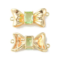 Light Green Brass Pave Cubic Zirconia Connector Charms, Real 18K Gold Plated, Bowknot Links, Light Green, 11x23x4.5mm, Hole: 1mm