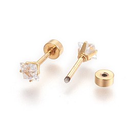 Chapado en Oro Real de 24K 304 tapones de lóbulo de acero inoxidable, pendientes de rosca, con diamante de imitación, cristal, real 24 k chapado en oro, 12.5 mm, rhinestone: 4.5x4.5x3.5 mm, pin: 1 mm