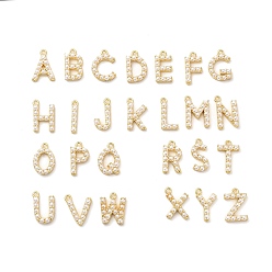 Golden Plastic Imitation Pearl Pendants, with Brass Findings, Letter A~Z, Golden, 12~16x2~13x3mm, Hole: 1.4mm, 26pcs/set