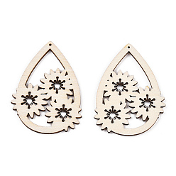 Flower Printed Poplar Wood Big Pendants, Teardrop Charms, Antique White, Flower, 56x40.5x2.5mm, Hole: 1.1mm