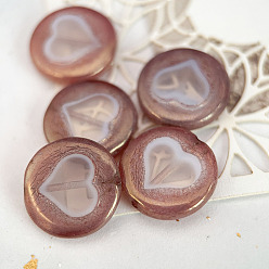 Rosy Brown Czech Glass Beads, Flat Round with Heart, Rosy Brown, 17mm