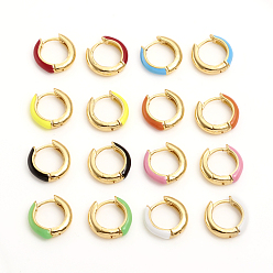 Mixed Color Brass Enamel Huggie Hoop Earrings, Ring, Golden, Mixed Color, 14x3.5mm, Pin: 1mm