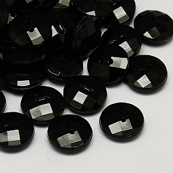 Black Taiwan Acrylic Buttons, Pearl Luster, Faceted, 2-Hole, Flat Round, Black, 11.5x4mm, Hole: 1mm