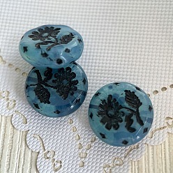 Steel Blue Czech Glass Beads, Flat Round with Flower of Life, Sky Blue, 18mm