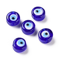 Blue Handmade Evil Eye Lampwork Beads, Flat Round, Blue, 11.5~12x5.5mm, Hole: 1~1.2mm