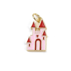 Pink Латунь эмаль подвески, прелести замка, реальный 18 k позолоченный, стойки покрытие, долговечный, без кадмия и без свинца, с прыжковых колец, розовые, 17.5x10.5x2.5 мм, отверстие : 3 мм