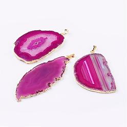 Magenta Natural Agate Big Pendants, with Brass Findings, Nuggets, Golden, Magenta, 59~91x32~65x3~6mm, Hole: 5x7mm