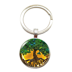 Green Glass Keychains, Flat Round with Tree of Life Charms, Green, 6cm