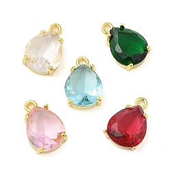 Mixed Color Glass Pendants, with Real 18K Gold Plated Brass Findings, Faceted Teardrop Charms, Lead Free & Cadmium Free, Long-Lasting Plated, Mixed Color, 15x10x5.5mm, Hole: 1.5mm
