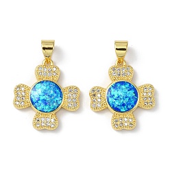 Real 18K Gold Plated Brass Micro Pave Cubic Zirconia Pendants, with Synthetic Opal, Cross, Real 18K Gold Plated, 19x17x3.5mm, Hole: 4.5x4mm