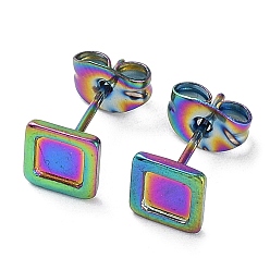 Rainbow Color Ion Plating(IP) 304 Stainless Steel Stud Earrings Findings, Square Tray Settings, Rainbow Color, Tray: 4x4mm, 6x6mm, Pin: 0.7mm