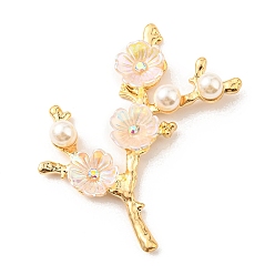 Clear AB Zinc Alloy Cabochons, with Plastic Imitation Pearls and Rhinestones, Flower Branch, Clear AB, 53x48.5x7.6mm