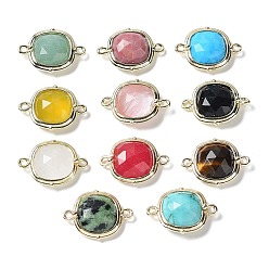 Mixed Stone Natural & Synthetic Mixed Gemstone Connector Charms, Faceted Square Links with Rack Plating Golden Plated Brass Edge Loops, 14x19x5mm, Hole: 1.4mm and 1.8mm