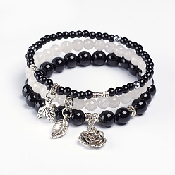 Obsidian Natural Obsidian Stretch Charm Bracelet Sets, with Non-magnetic Synthetic Hematite Beads and Antique Silver Plated Alloy Findings, 2-1/8 inch~2-3/8 inch(5.45~6cm), 3pcs/set