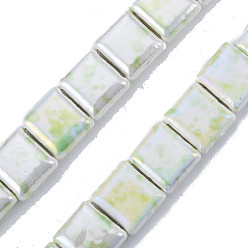 Light Green Handmade Porcelain Bead Strands, Famille Rose Style, Flat Hole Beads, Square, Light Green, 15x16~16.5x7mm, Hole: 2.5x11mm, about 20pcs/strand, 11.42 inch(29cm)