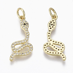 Real 18K Gold Plated Brass Micro Pave Clear Cubic Zirconia Pendants, with Jump Ring, Nickel Free, Snake, Real 18K Gold Plated, 22x9.5x2mm, Hole: 3mm