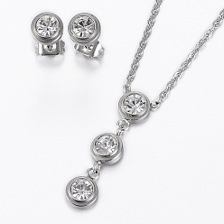 Stainless Steel Color 304 Stainless Steel Jewelry Sets, Stud Earrings and Pendant Necklaces, with Rhinestone, Flat Round, Stainless Steel Color, 17.72 inch(45cm), 6x3mm, Pin: 0.8mm