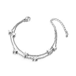 Stainless Steel Color SHEGRACE Trendy Titanium Steel Anklet, Double Layered Anklet, with Stars, Stainless Steel Color, 200mm