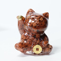 Goldstone Synthetic Goldstone Chip & Resin Craft Display Decorations, Lucky Cat Figurine, for Home Feng Shui Ornament, 63x55x45mm