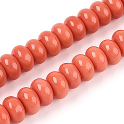 Коралловый Непрозрачные с напылением стеклянные бусины, рондель, коралл, 8~8.5x4.5~5 мм, отверстие : 1.2 мм, около 75~77 шт / нитка, 14.96 дюйм (38 см)