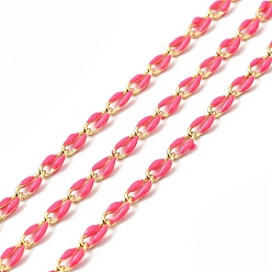 Crimson Brass Enamel Curb Chains, Soldered, with Spools, Real 18K Gold Plated, Crimson, 7x3x1.7mm