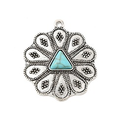 Antique Silver Retro Alloy Pendants, with Synthetic Turquoise, Flower Charms, Antique Silver, 42x36x5mm, Hole: 2.5mm