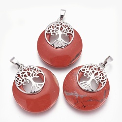 Red Jasper Natural Red Jasper Pendants, with Platinum Tone Brass Findings, Flat Round with Tree of Life, 32.5~33x27.5~28x5~6mm, Hole: 5x7mm