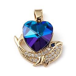 Colorful Real 18K Gold Plated Rack Plating Brass Micro Pave Cubic Zirconia Pendants, with Glass, Long-Lasting Plated, Cadmium Free & Lead Free, Heart & Whale, Colorful, 19x19x8mm, Hole: 5x3mm