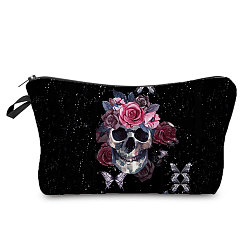 Black Halloween Skull Pattern Polyester Waterpoof Makeup Storage Bag, Multi-functional Travel Toilet Bag, Clutch Bag with Zipper for Women, Black, 22x18x13.5cm