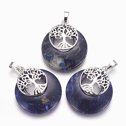 Sodalite Natural Sodalite Pendants, with Platinum Tone Brass Findings, Flat Round with Tree of Life, 32.5~33x27.5~28x5~6mm, Hole: 5x7mm
