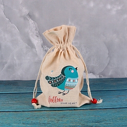 Bird Printed Rectangle Cotton Storage Bags, Drawstring Pouches Packaging Bag, Bird, 23x15cm