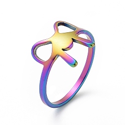 Rainbow Color Ion Plating(IP) 201 Stainless Steel Bowknot Finger Ring, Hollow Wide Ring for Women, Rainbow Color, US Size 6 1/2(16.9mm)