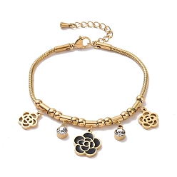 Golden Crystal Rhinestone & Enamel Flower Charm Bracelet with Snake Chains, Ion Plating(IP) 304 Stainless Steel Jewelry for Women, Golden, 6-1/4 inch(16cm)