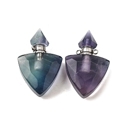 Флюорит Подвески для флаконов духов из натурального флюорита, с 304 фурнитурой из нержавеющей стали, граненые, треугольник прелести, цвет нержавеющей стали, 39~40x25x11~12 мм, отверстие : 1.9 мм