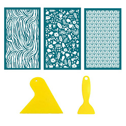 Teal 3Pcs 3 Styles Floral Polyester Silk Screen Printing Stencil, Reusable Polymer Clay Silkscreen Tool, for DIY Polymer Clay Earrings Making, with 2 Style Plastic Scraper, Teal, 160x100mm, 1pc/style