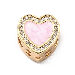 Лавандовый румянец Стойка покрытие латунь с кубическим цирконием европейские бусины и эмаль, сердце, бусины с большим отверстием, долговечный, без свинца и без кадмия, лавандовый румянец, 12x12.5x8 мм, отверстие : 5 мм