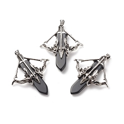 Obsidian Natural Obsidian Big Pendants, with Antique Silver Tone Alloy Findings, Cadmium Free & Lead Free, Faceted, Bow with Arrow & Sword, 65x54.5x11mm, Hole: 4x7mm