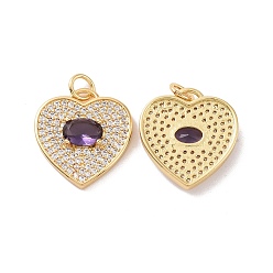 Indigo Heart Brass Micro Pave Cubic Zirconia Pendants, with Jump Rings, Cadmium Free & Nickel Free & Lead Free, Real 18K Gold Plated, Indigo, 18x17x4mm, Hole: 3mm