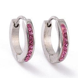 Fuchsia Rhinestone Hinged Hoop Earrings, Stainless Steel Color Plated 304 Stainless Steel Jewelry for Women, Fuchsia, 13x13.5x2.5mm, Pin: 1mm