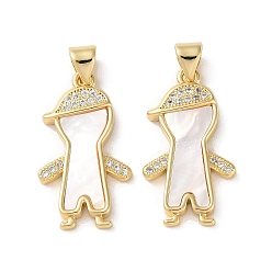 Human Brass Micro Pave Clear Cubic Zirconia Pendants, with Shell, Real 18K Gold Plated, Human, 24x13.5x3mm, Hole: 5x3.5mm