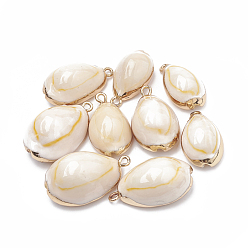 Seashell Color Cowrie Shell Pendants, with Golden Tone Brass Findings, Cowrie Shell, Seashell Color, 23~30x13~19x10~13mm, Hole: 1.5mm