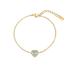 Light Sky Blue Cubic Zirconia Heart Link Bracelet with Golden Stainless Steel Chains, Light Sky Blue, 6-1/4 inch(16cm)
