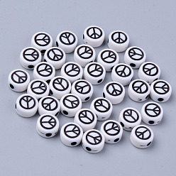 Black Opaque White Acrylic Beads, Flat Round with Black Peace Sign, 6.5x3.5mm, Hole: 1.6mm, about 3600pcs/500g