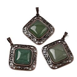 Зеленый Авантюрин Подвески в виде ромбов из натурального зеленого авантюрина, с винтажной латунной рамкой красного медного оттенка, 39x36.5x7~8 мм, отверстие : 8.5x5 мм