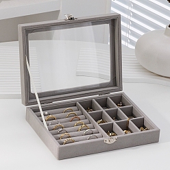 Dark Gray Rectangle Velvet Jewelry Organizer Boxes, Clear Visible Window Case for Rings, Earrings, Necklaces, Dark Gray, 20x15x5cm